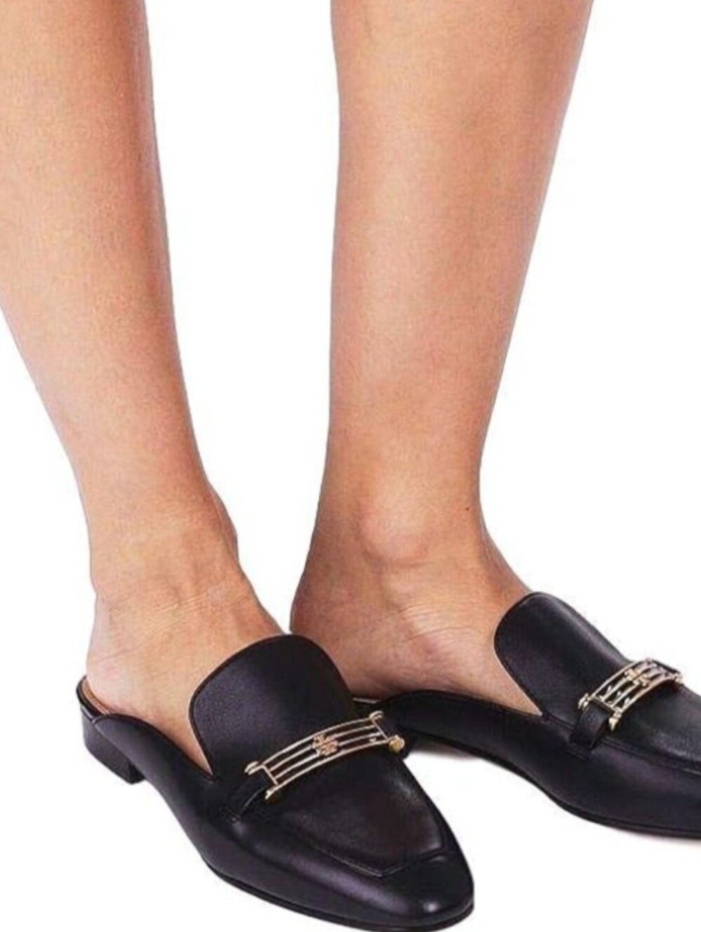 Tory Burch Amelia Calfskin Leather Backless Loafers Gold Logo Hardware Black 9.5 - Picture 4 of 16